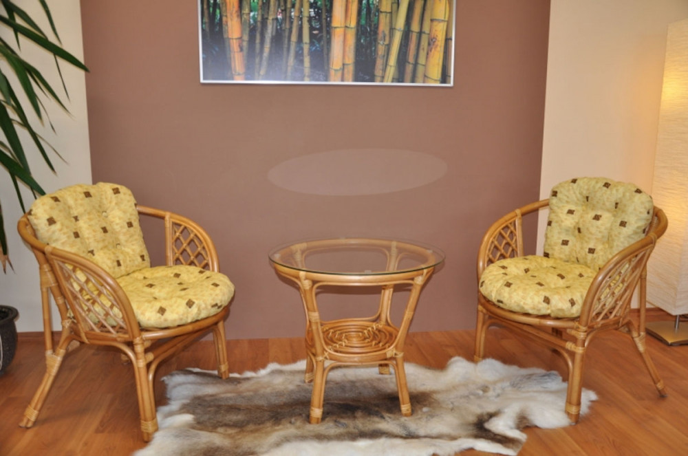 Preview: Rattangarnitur , Rattangruppe Bahama , Set 2 Rattansessel + Rattantisch inkl. Polster