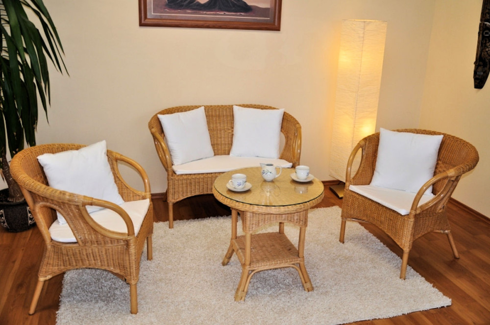 Rattangarnitur , Rattangruppe Tazmania Fb. honig , Set Rattansofa , 2 Rattansessel + Rattantisch mit Glas