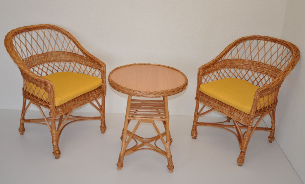 Korbmöbel Set 2 Sessel + Tisch Weide Modell Björn inkl. Sitzkissen