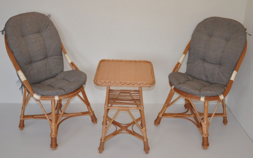 Korbmöbel Set 2 Sessel + Tisch Weide Modell Arne inkl. Sitz+Rückenpolster