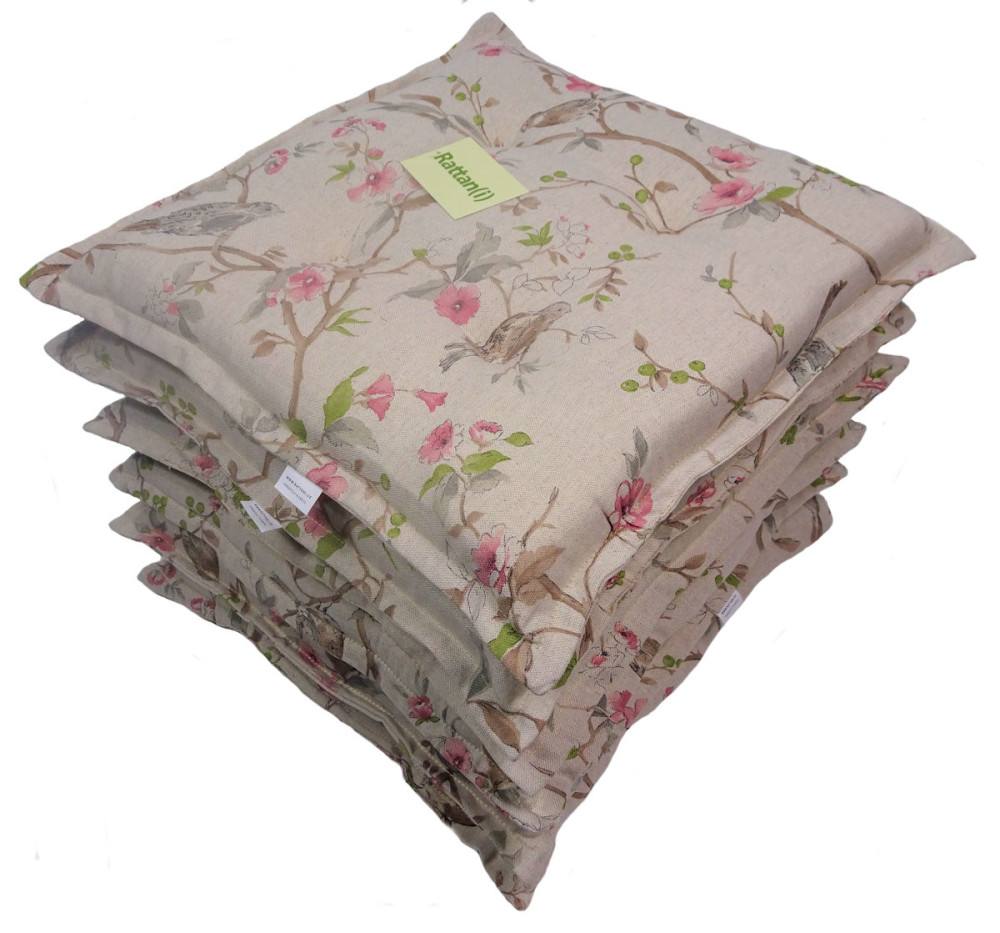 Set 6 x Stuhlkissen/Sitzkissen Inka 40 x 40 cm Dicke 6 cm, Stoff Mira Leinen Bird - Made in EU