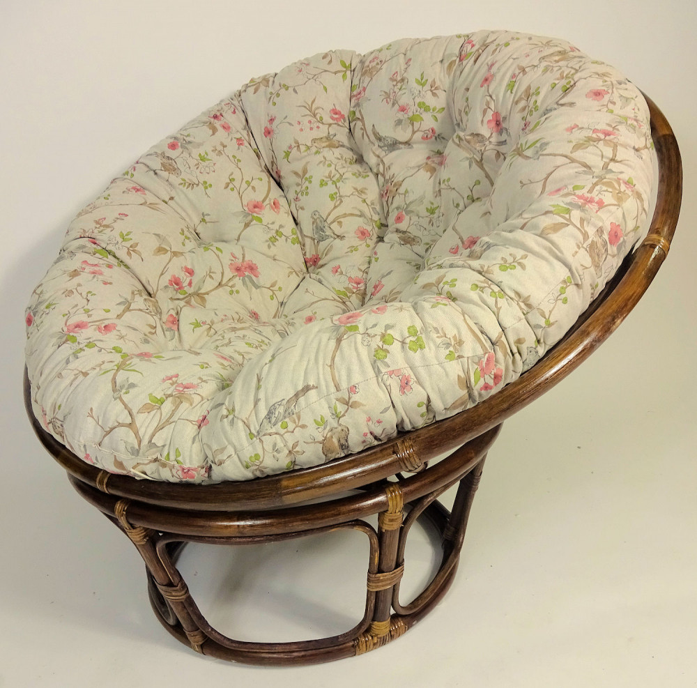Rattan Papasansessel , Durchmesser 110 cm , Fb. darkbrown , Polster Mirha Leinen Bird