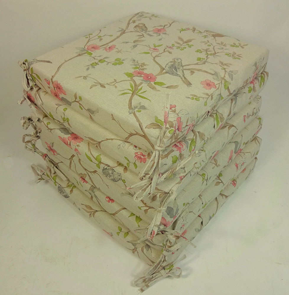 Set 6 x Stuhlkissen / Sitzkissen Daria 40 x 40 cm Dicke 5 cm , Stoff Mirha Leinen Bird