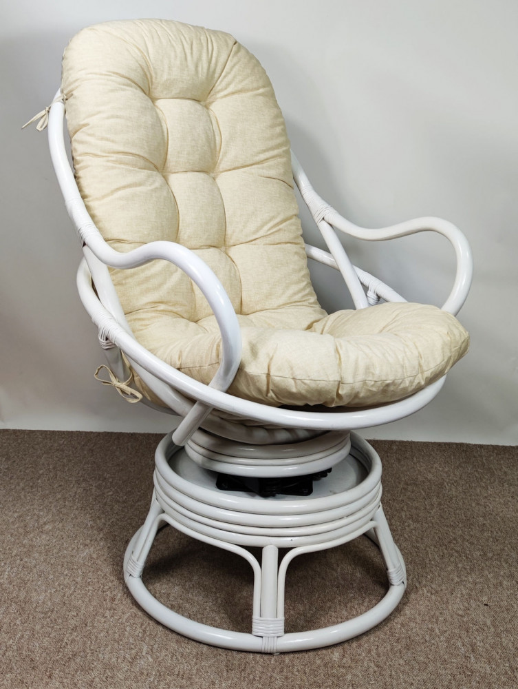 Rattan Drehsessel , Drehwippsessel Sandra Weiß Lackiert inkl. Polster beige