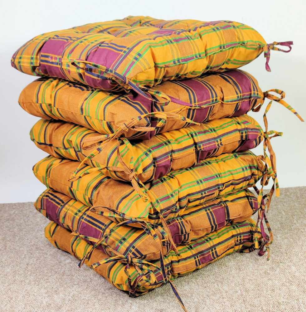 Set 6 x Stuhlkissen/Sitzkissen Lara 38 x 38 cm Dicke 8 cm, Fb. gelb kariert, mit Schleifen