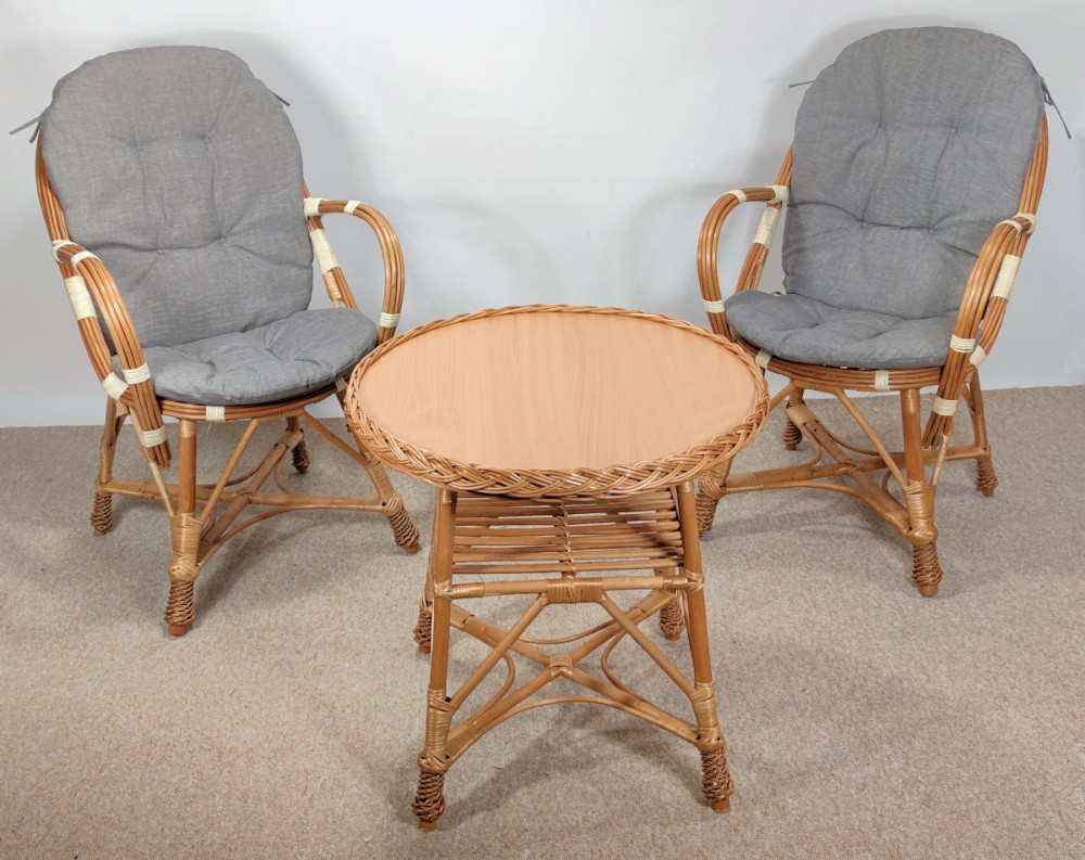 Korbmöbel Set 2 Sessel + Tisch Weide Modell Arved inkl. Polster Fb. grau