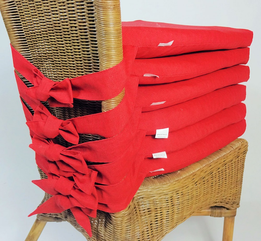 Set 6 x Stuhlkissen / Sitzkissen Marina II mit Schleife 42 x 45 cm Dicke 5 cm , Fb. rot , Polyester