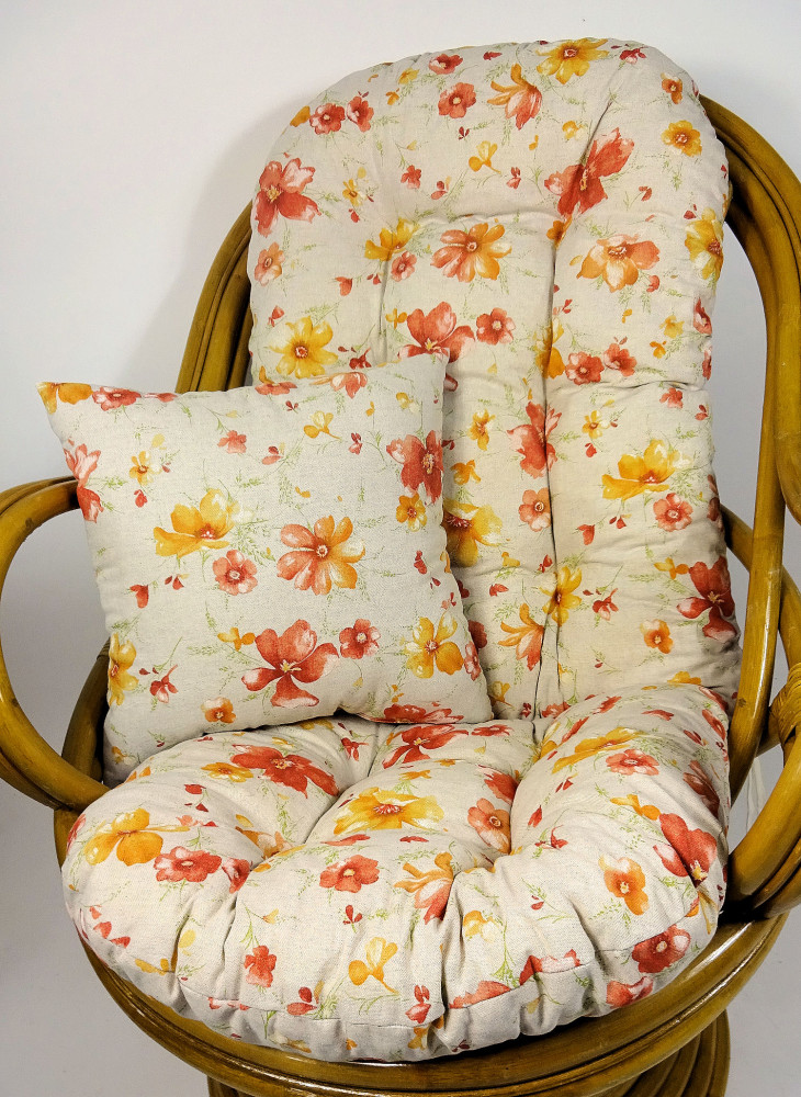 Polster , Kissen für Drehsessel / Schaukelstuhl Ersatzpolster L 135 cm , Stoff Mirha Leinen Flowers + Zierkissen
