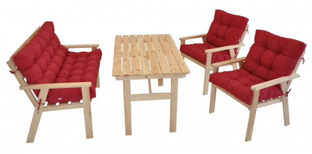 Massivholz Sitzgruppe Nordic 2+1+1 Set 2 Gartenstühle , Bank und Tisch inkl. Polster