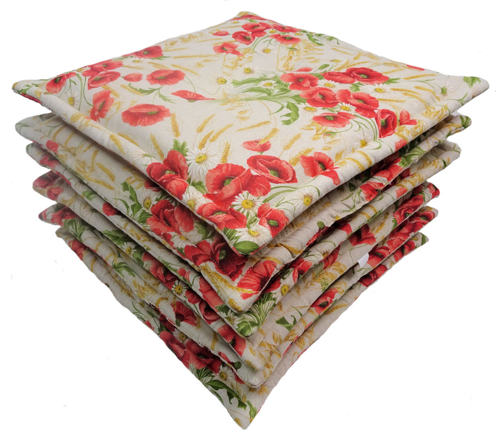 Set 6 x Stuhlkissen/Sitzkissen Sabrina Premium mit Stehsaum 50 x 46 cm Dicke 6 cm, Fb. Gemustert, Polyester Mirha Leinen Mohnblume