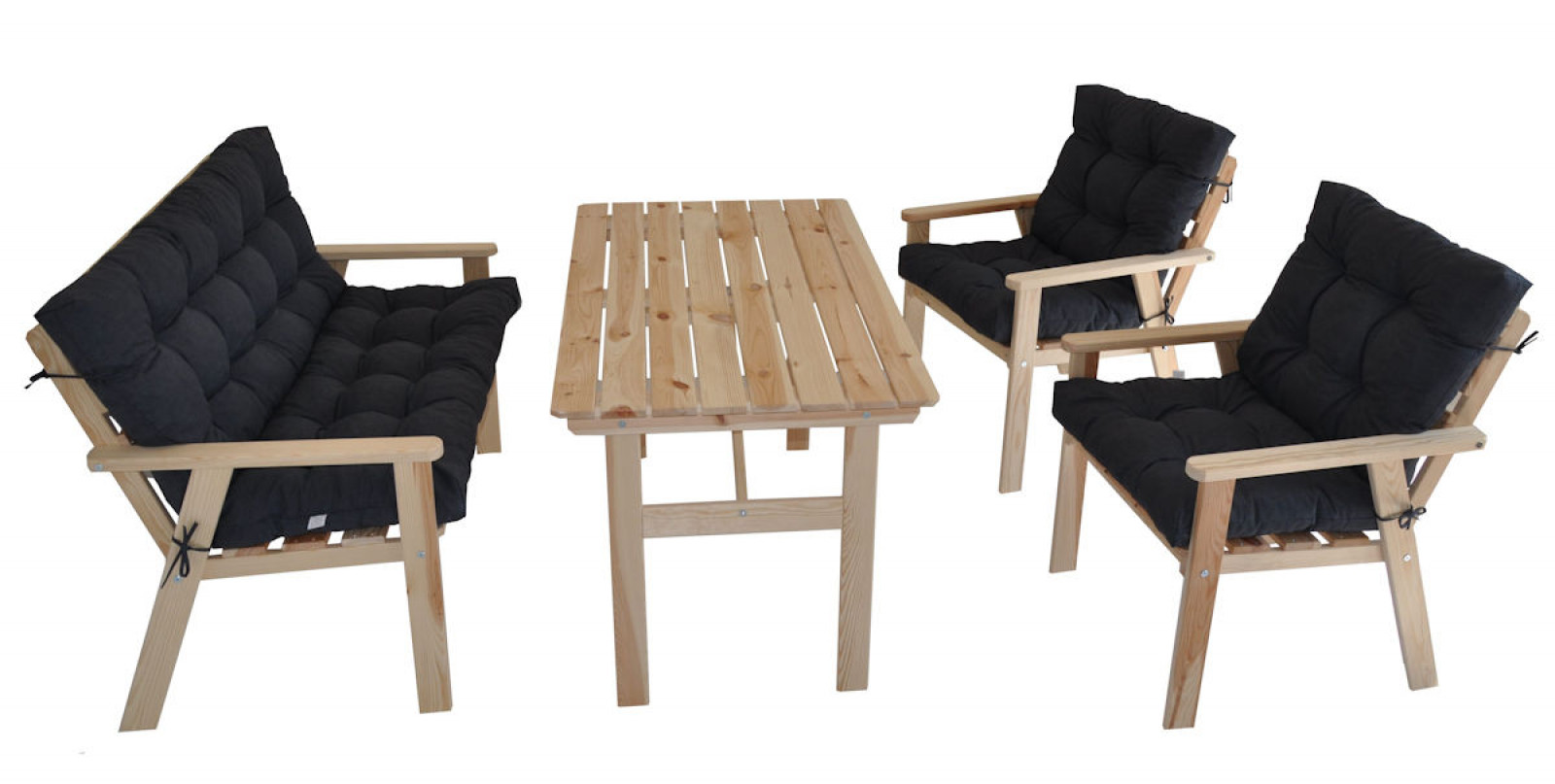 Massivholz Sitzgruppe Nordic 2+1+1 Set 2 Gartenstühle , Bank und Tisch inkl. Polster