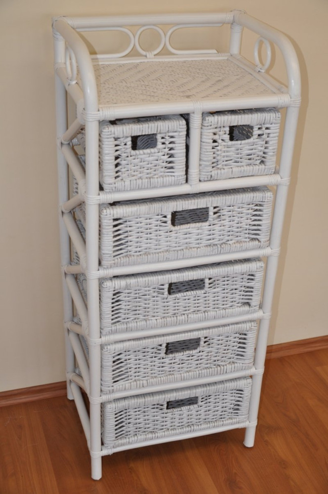 Rattanregal mit 4 + 2 Schüben , Korbregal mit Schub , Korbfarbe : weiß lackiert , Größe : B 45 cm , T 36 cm , H 115 cm .