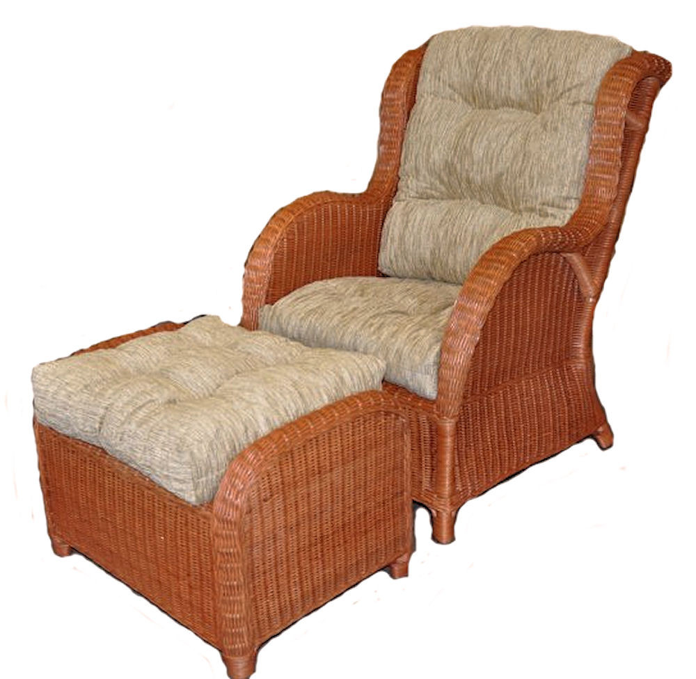 Rattan Ohrensessel , Rattansessel , Relexsessel , Hochlehner + Hocker inkl. hochwertigen Polster . Korbfarbe : cognac