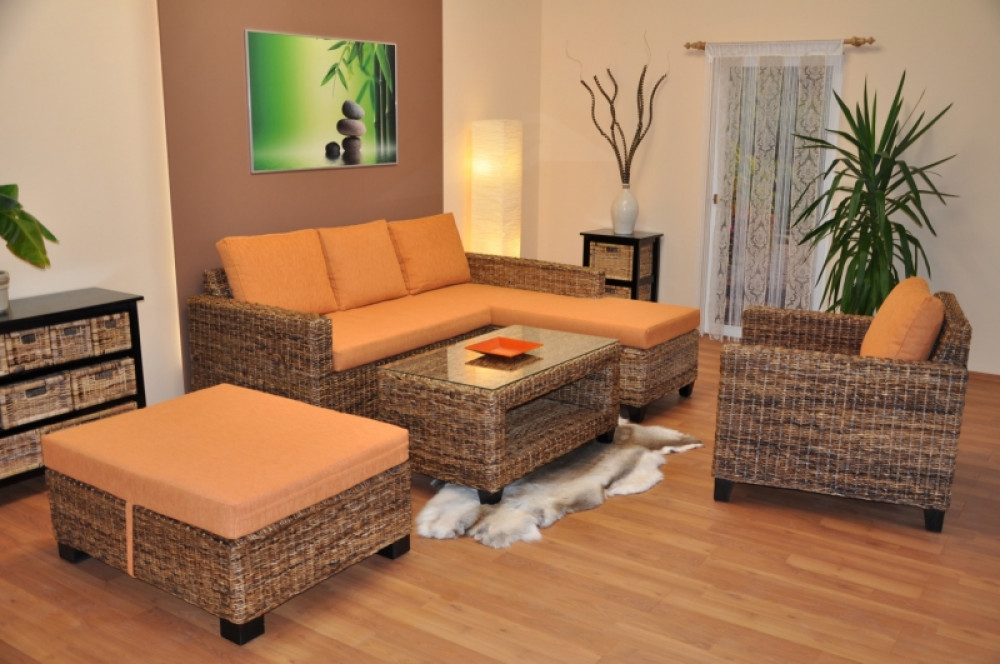 Rattansofa , Sitzgruppe Penang + Sessel / Hocker