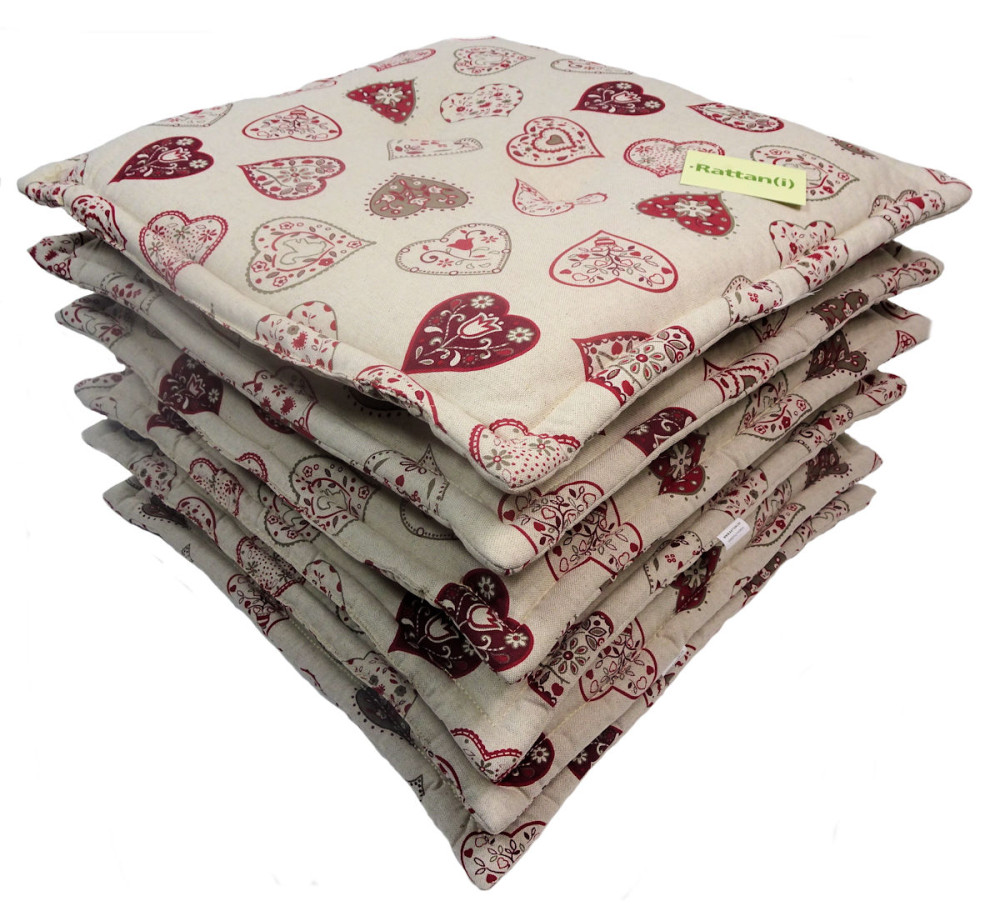 Set 6 x Stuhlkissen/Sitzkissen Sabrina Premium mit Stehsaum 50 x 46 cm Dicke 6 cm, Fb. Gemustert, Polyester Mirha Leinen Herz