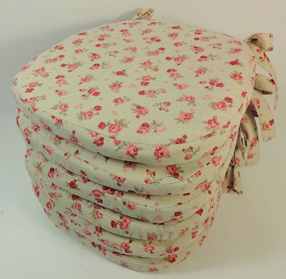 Set 6 x Stuhlkissen / Sitzkissen Marina mit Schleifen 40 x 40 cm Dicke 5 cm , Fb. Mirha Leinen Rose