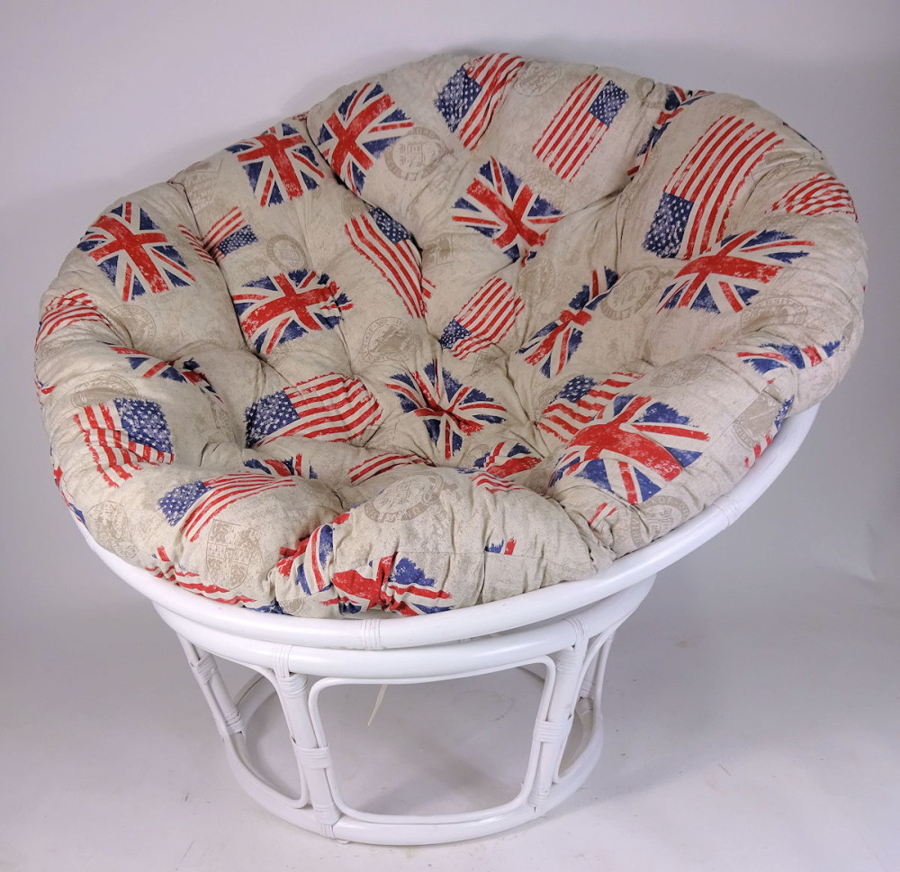 Rattan Papasansessel , Durchmesser 110 cm , Fb. weiß Lack. , Polster Mirha Leinen Bosten
