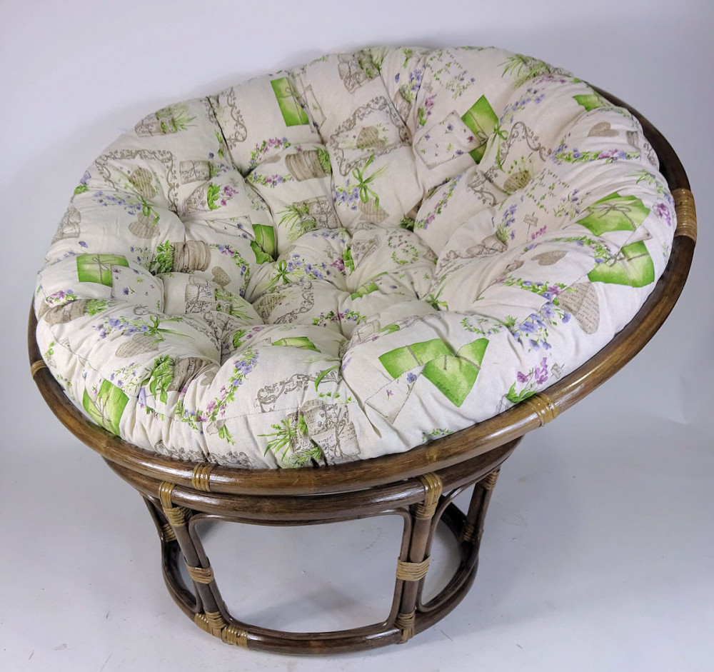 Rattan Papasansessel , Durchmesser 110 cm , Fb. darkbrown , Polster Mirha Leinen Green