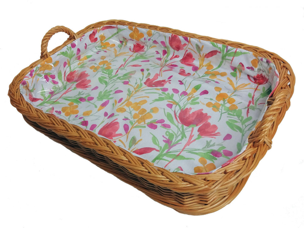 Korbtablett mit Griffen und Ausschlag , Fb. Blumenmotiv