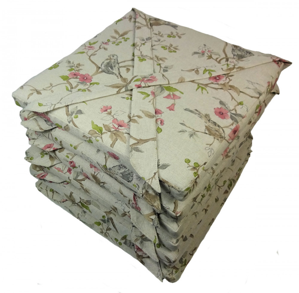Set 6 x Stuhlkissen/Sitzkissen Marina Eckig mit Schleife 40 x 40 cm Dicke 5 cm, Mirha Leinen Bird