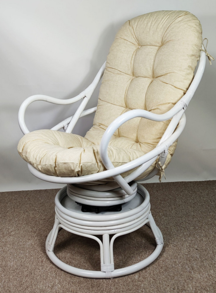 Rattan Drehsessel , Drehwippsessel Sandra Weiß Lackiert inkl. Polster beige