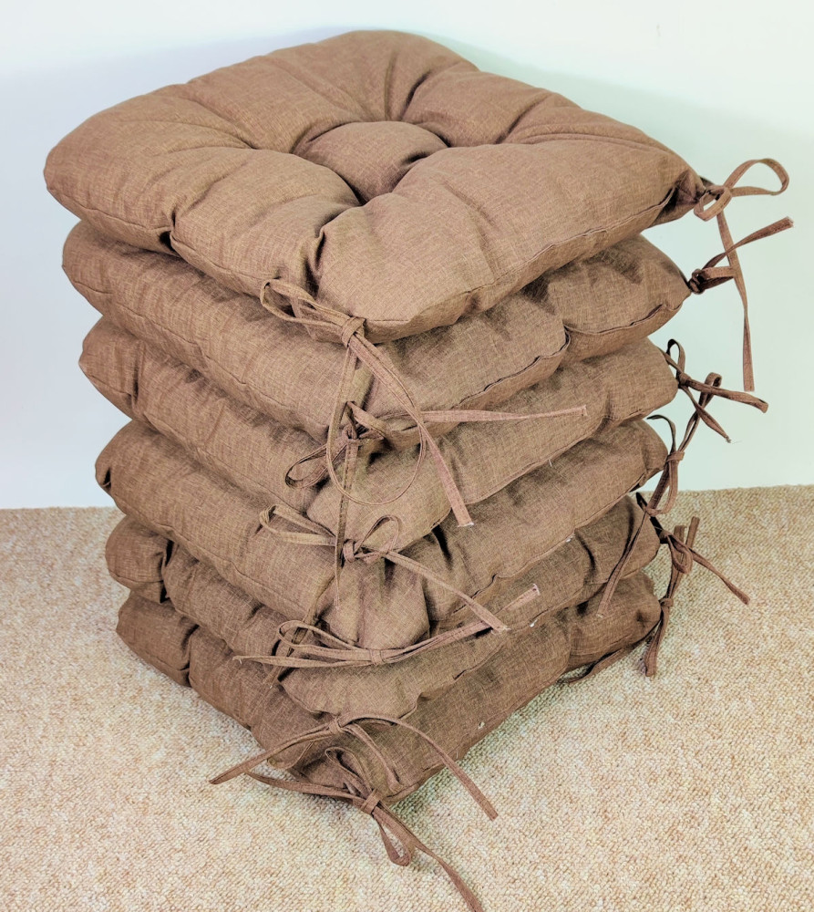 Set 6 x Stuhlkissen/Sitzkissen Lara 38 x 38 cm Dicke 8 cm, Fb. Colore Marrone (dunkelbraun) mit Schleifen