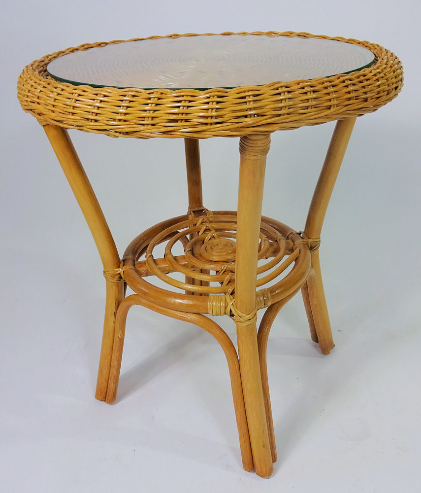 Rattantisch , Rattan Couchtisch , Rattan Beistelltisch inkl. Glasplatte Gr. D 50 cm H 55 cm