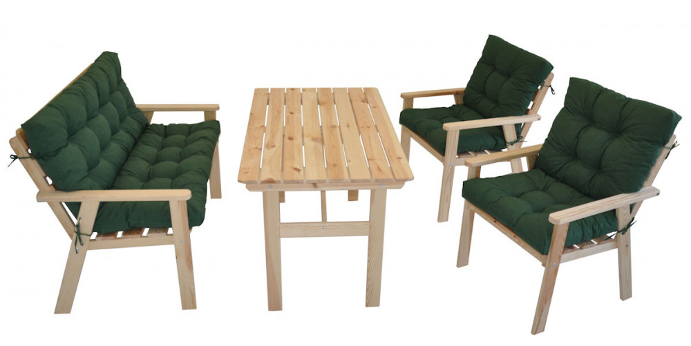 Massivholz Sitzgruppe Nordic 2+1+1 Set 2 Gartenstühle , Bank und Tisch inkl. Polster