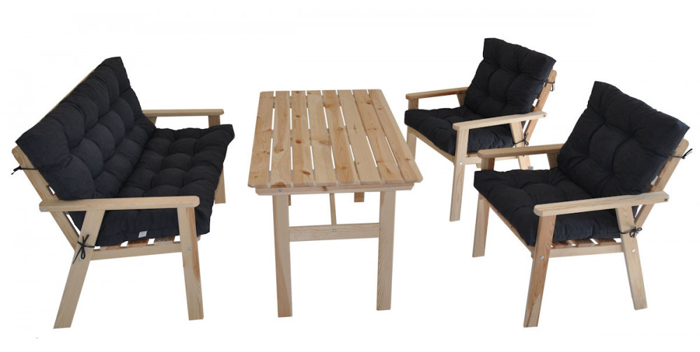 Massivholz Sitzgruppe Nordic 2+1+1 Set 2 Gartenstühle , Bank und Tisch inkl. Polster